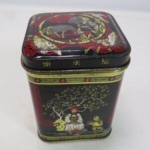 Asian Small 3" metal tin Red Black Gold Oriental design chinoiserie